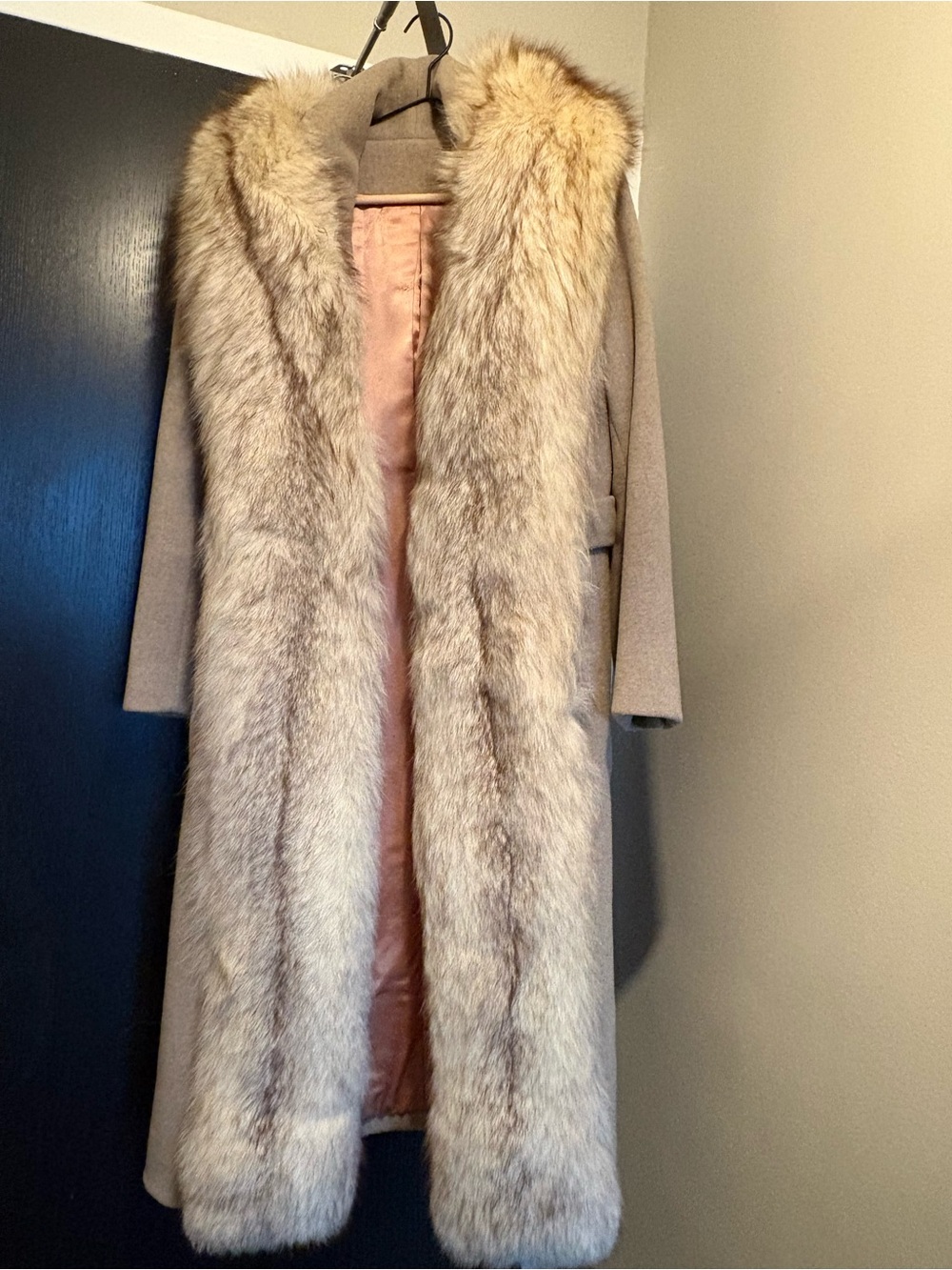 Wool Blend Long Coat with Faux Fur Trim - Taupe